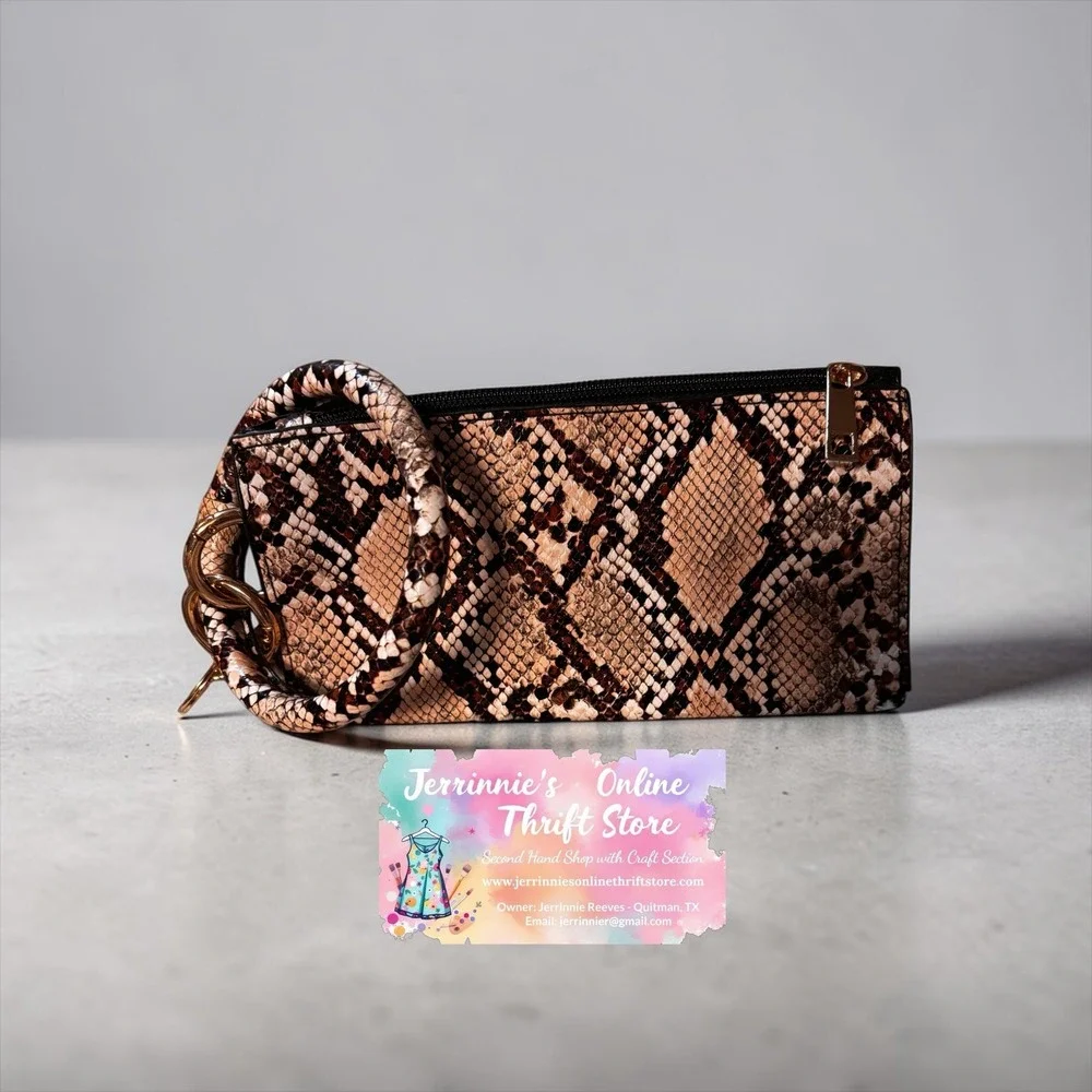 Brown Snakeskin‎ Print Bangle Wristlet Clutch Zip Pouch Gold Tone Hardware